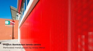 Powder coated perforated metal- Blacktown Tennis centre by Arrow Metal